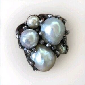 Vintage Baroque Pearl Sterling Silver Ring Ace Sputnik Signed Blue Grey sz 6.25